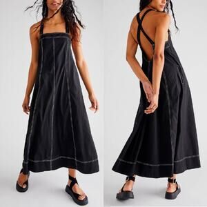 Free People Desert Hearts Apron Crisscross Back Sleeveless Maxi Dress Black
